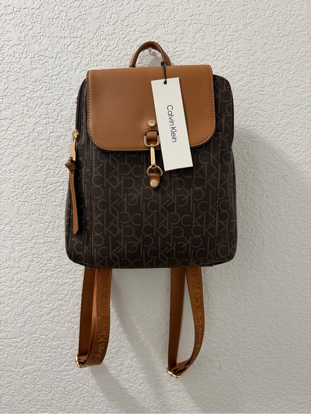 Calvin Klein Brown Monogram Backpack with Tan Flap